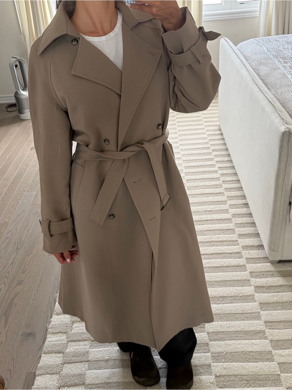 Oak + Fort Classic Double-Breasted Trench Coat in Taupe